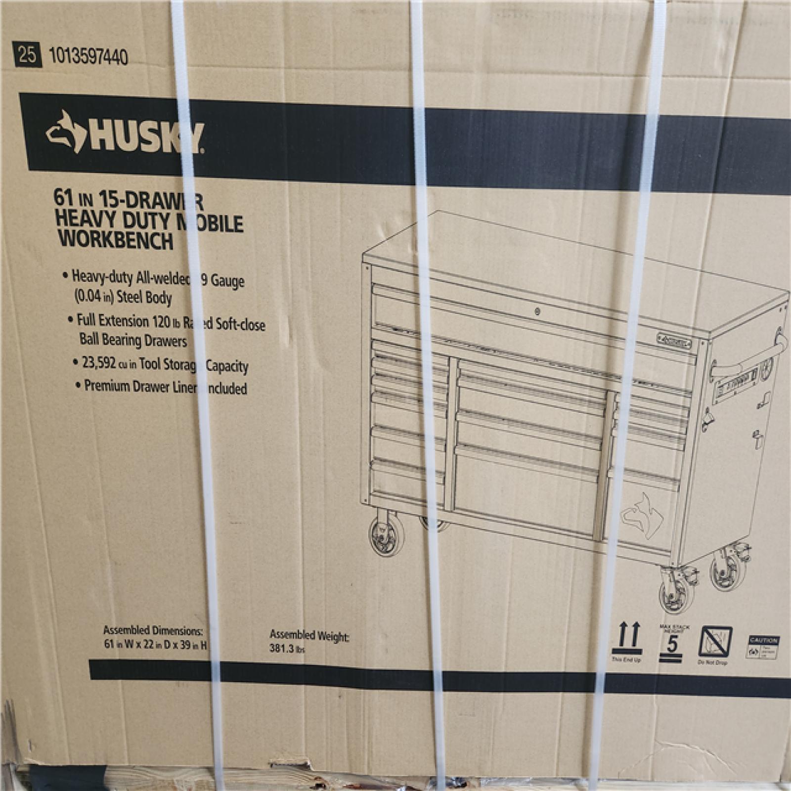Phoenix NEW Husky Heavy Duty 61 in. W x 22 in. D 15-Drawer Matte Gray Mobile Workbench Cabinet with Solid Wood Top