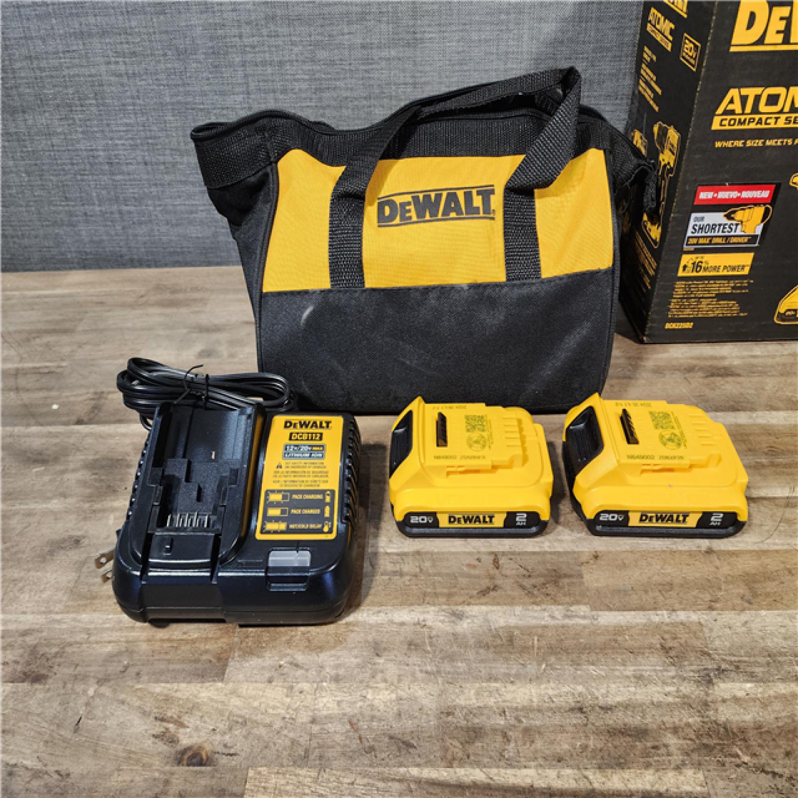 HOUSTON LOCATION - AS-IS Dewalt DCK225D2 20V MAX ATOMIC Brushless Compact Lithium-Ion 1/2 in. Cordless Drill Driver and 1/4 in. Impact Driver Combo Kit with 2 Batteries 2 Ah