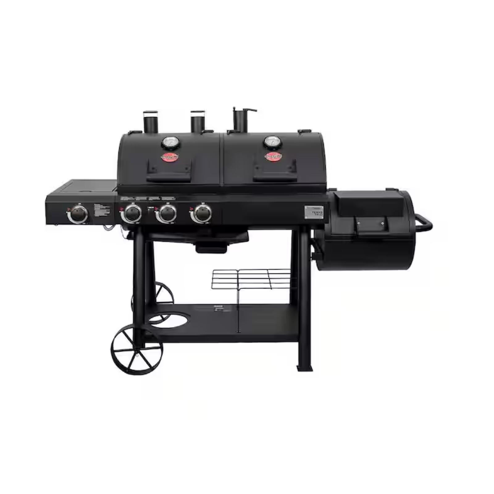 DALLAS LOCATION - Char-Griller Texas Trio 4-Burner Dual Fuel Grill with Smoker in Black