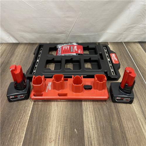 AS-IS Milwaukee 12V Lithium-Ion XC Extended Capacity 4.0 Ah Battery 2-Pack w/PACKOUT Compact Wall Plate & M12 Battery Rack