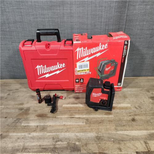 HOUSTON LOCATION - AS-IS MILWAUKEE 100 Ft. REDLITHIUM Lithium-Ion USB Green Rechargeable Cross Line Laser Level with Charger