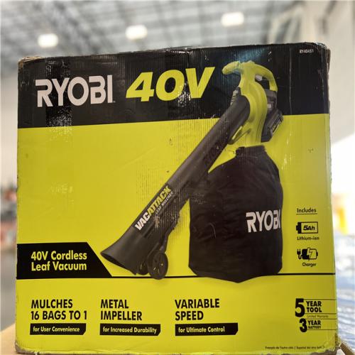 NEW! - RYOBI 40V Vac Attack Cordless Leaf Vacuum/Mulcher with 5.0 Ah Battery and Charger