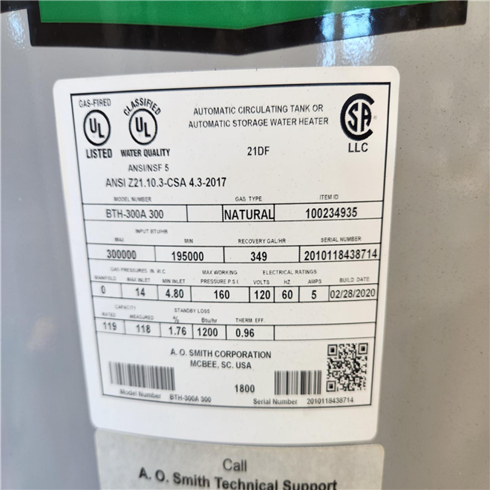 California AS-IS Ao Smith Cyclone 119 Gallon Bth-300 300,000 BTU Cyclone Mxi ASME Commercial Gas Water Heater