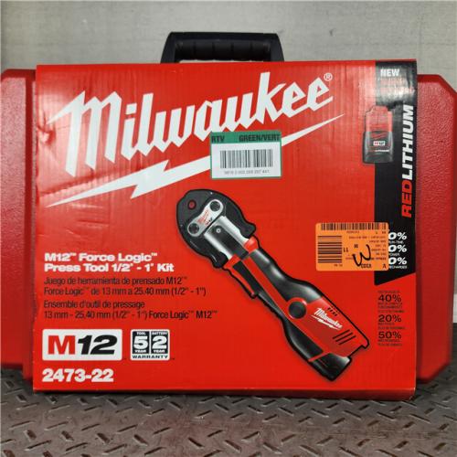 Houston location- AS-IS Milwaukee M12 Force Logic Press Tool 1/2 in. to 1 in. Kit Appears in new condition ( MISSING 1/2 CLAMP)