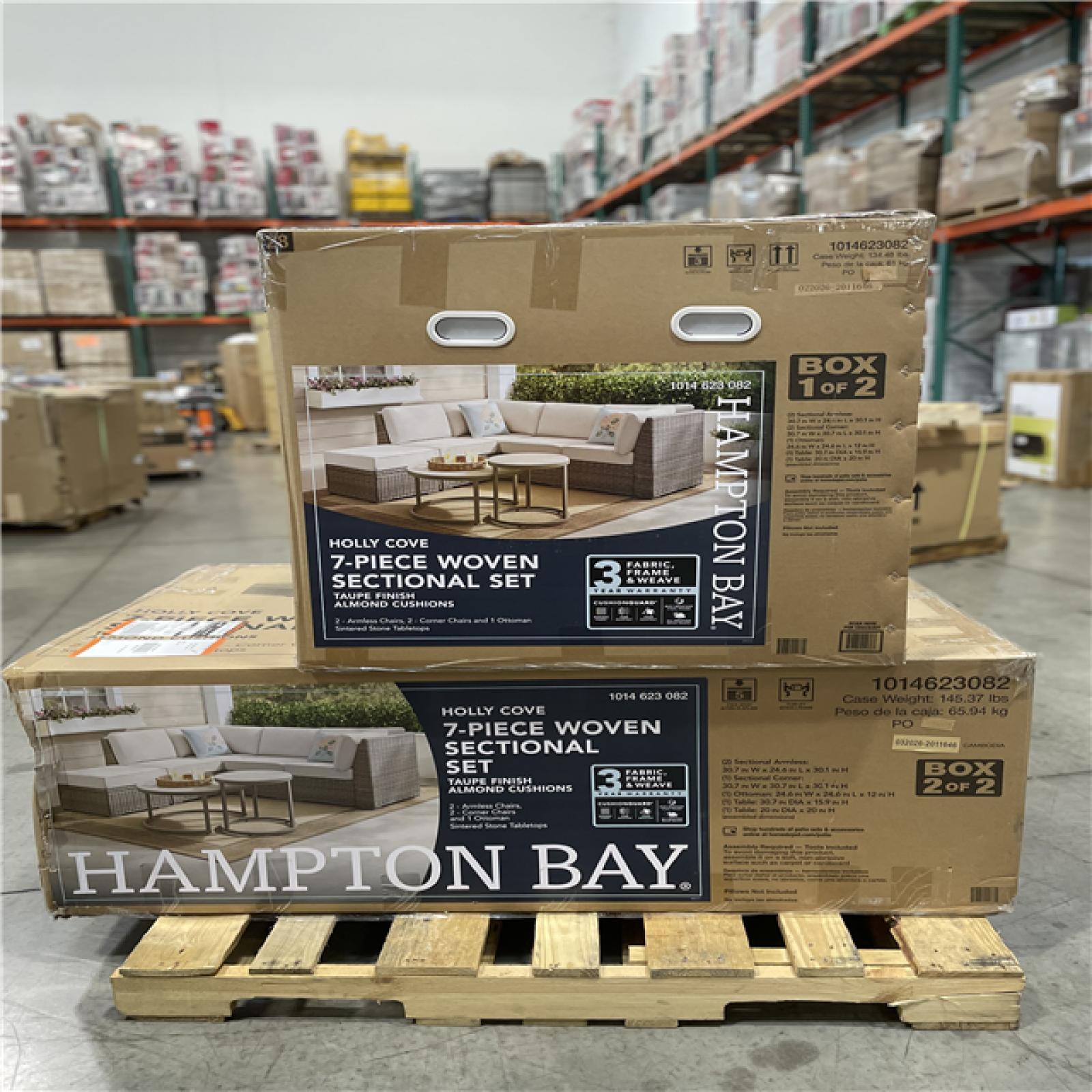 DALLAS LOCATION - Hampton Bay Holly Cove 7-Piece Wicker Outdoor Sectional Set with CushionGuard Almond Cushions