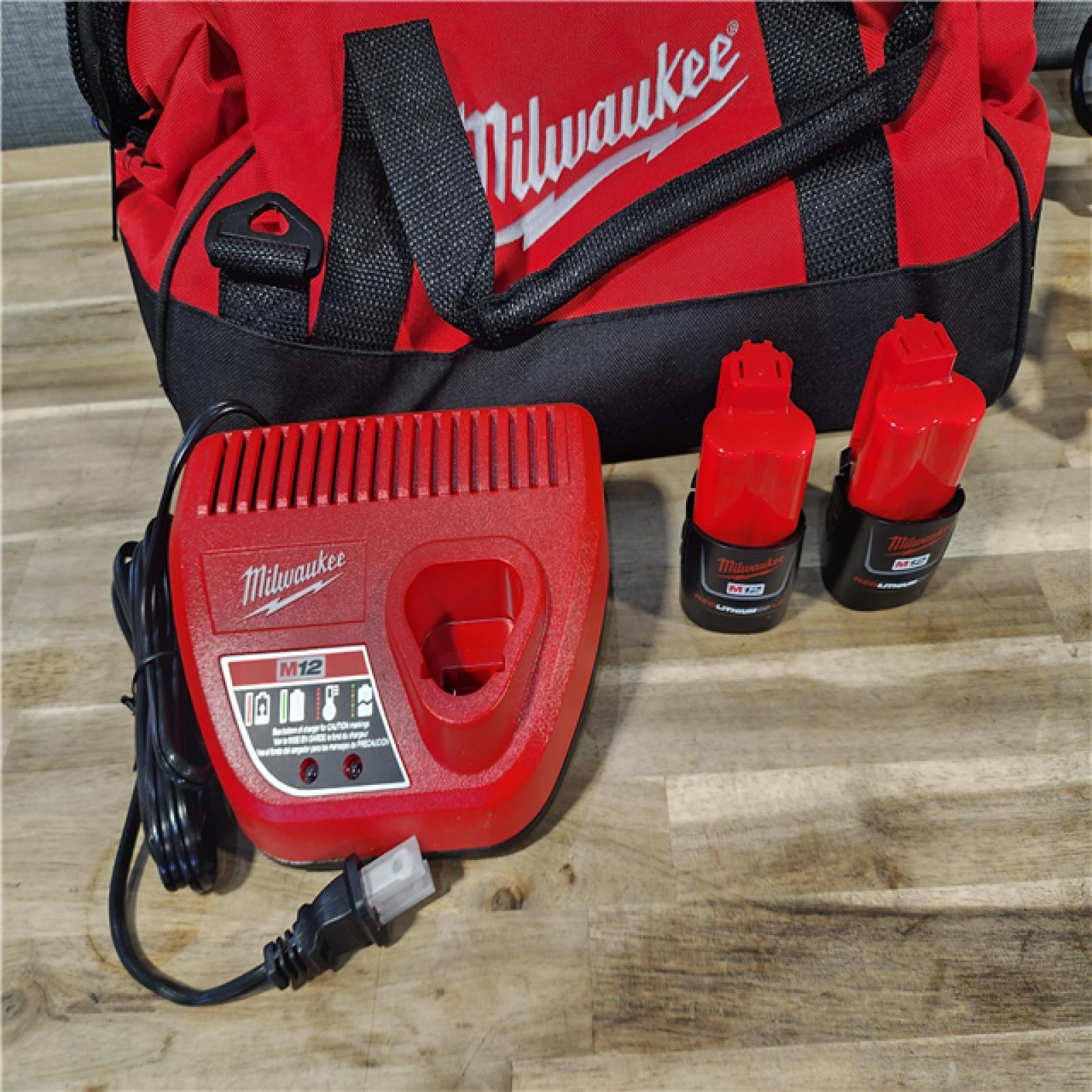 HOUSTON LOCATION - AS-IS (APPEARS LIKE NEW) MILWAUKEE M12 12V Lithium-Ion Cordless Combo Kit (5-Tool) with Two 1.5Ah Batteries, Charger & Tool Bag