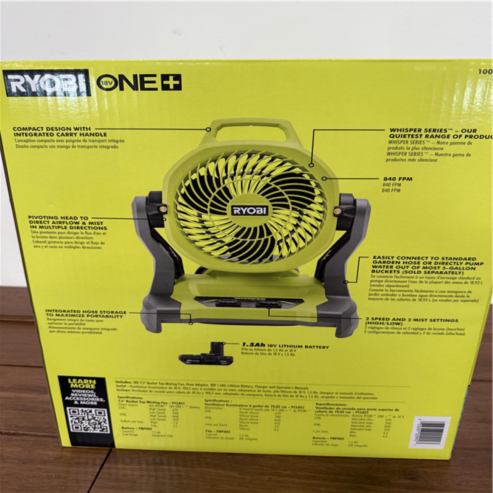 California New Ryobi 18V 7'5 Bucket Top Misting Fan Kit includes (1) Battery & Charger