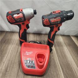 AS-IS- Milwaukee M12 Cordless Combination 3/8  Drill / Driver and 1/4  Hex Impact Driver Dual Power Tool Kit (2 Lithium Ion Batteries  Charger  and B