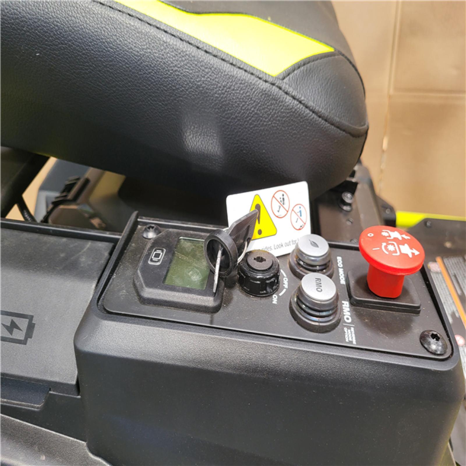 CALIFORNIA AS-IS RYOBI R1 80 HP BRUSHLESS LITHIUM BATTERY CORLESS ELETRIC 30 IN. RIDING LAWN MOWER W/ CHARGER