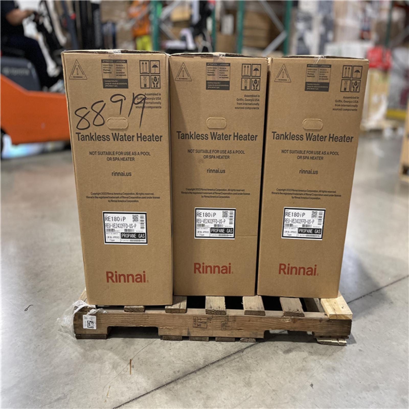DALLAS LOCATION- NEW!- Rinnai 8.5 GPM 180 000 BTU Interior Propane Gas Tankless Water Heater PALLET (6 UNITS)