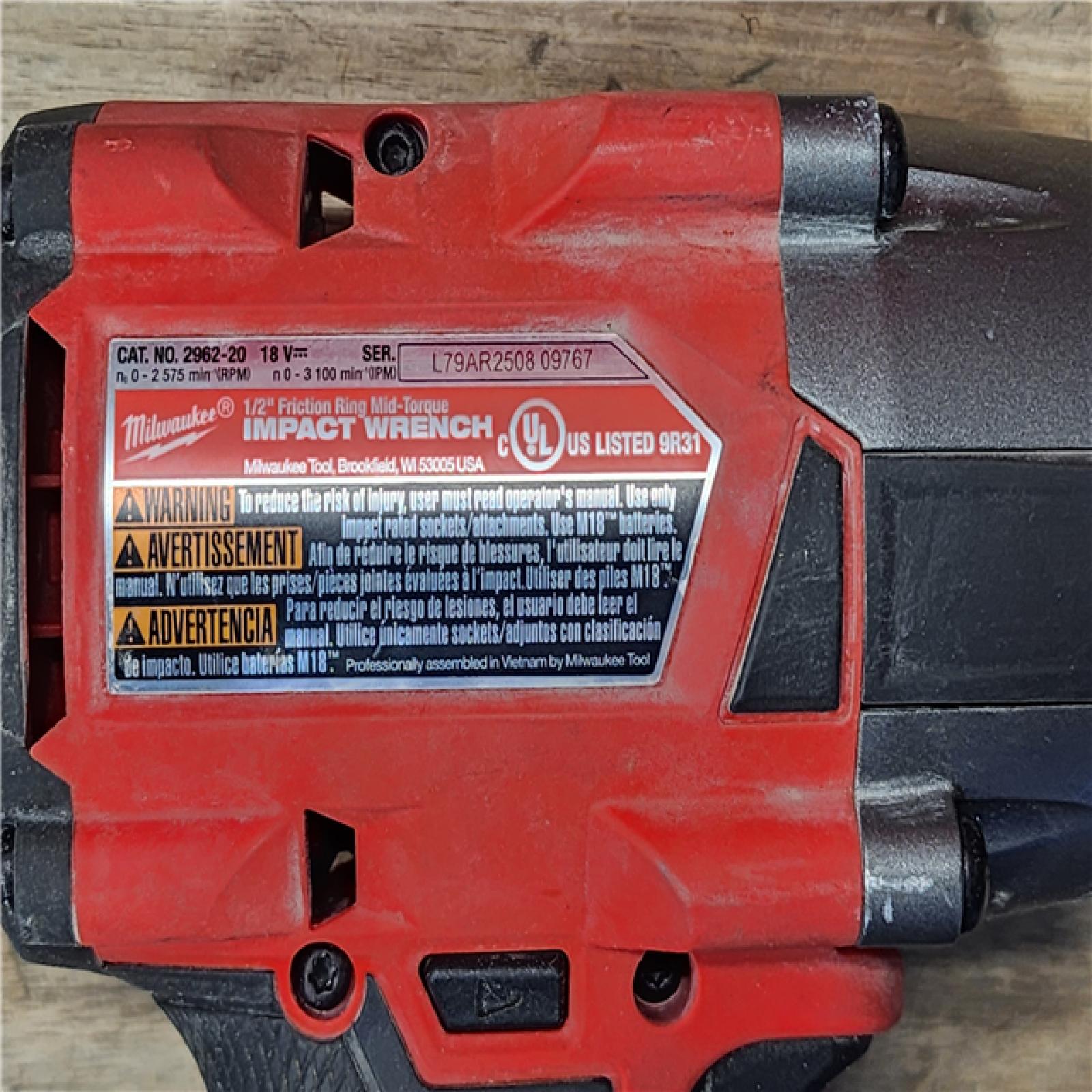 HOUSTON LOCATION - AS-IS Milwaukee M18 18V Fuel 1/2 Mid-Torque Impact Wrench Cordless Lithium-Ion Brushless with Friction Ring 2962-20 (TOOL ONLY)