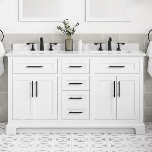 Phoenix NEW Home Decorators Collection Doveton 60 in. Double Sink Freestanding White Bath Vanity with White Engineered Marble Top (Assembled)