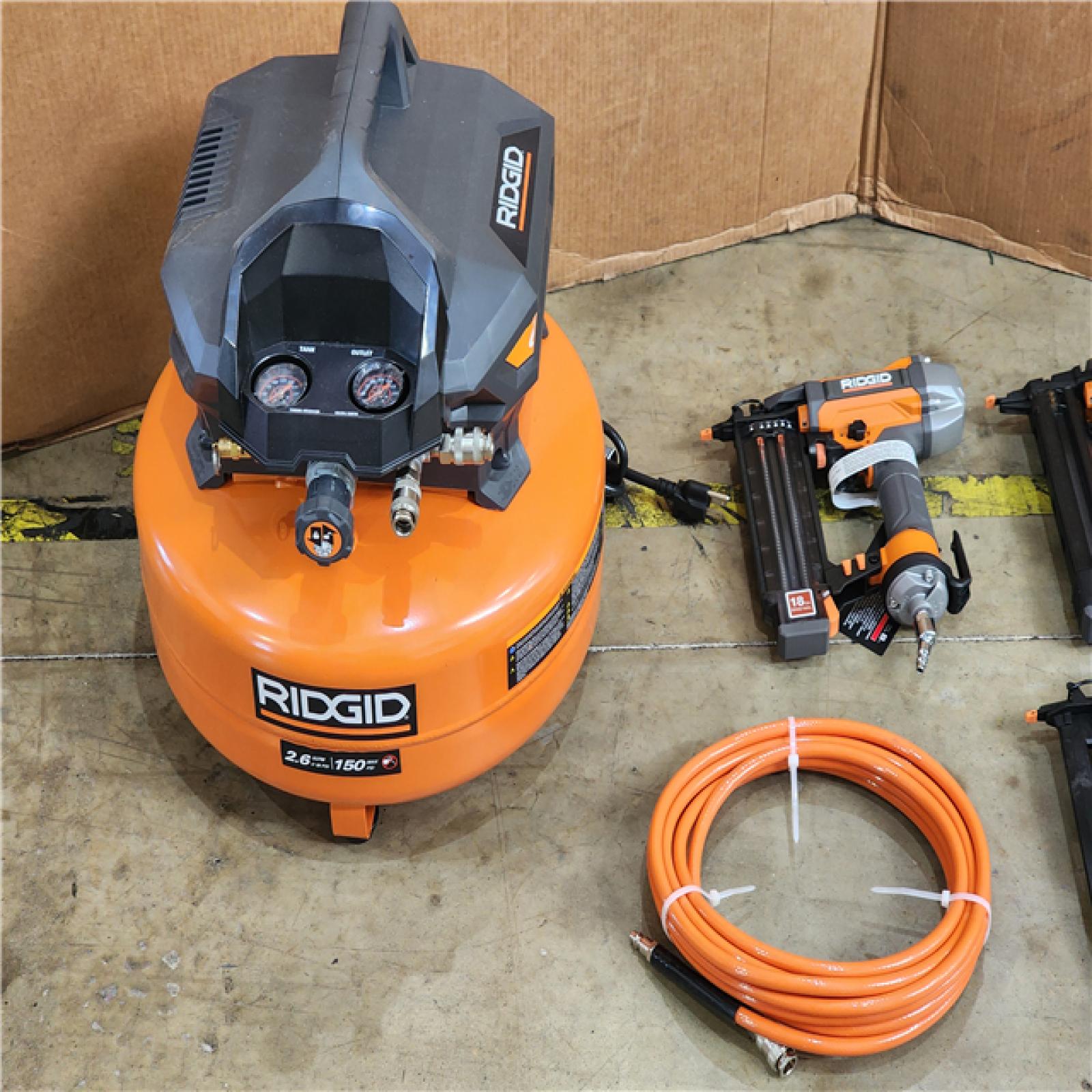 HOUSTON LOCATION - AS-IS RIGID 6 Gal. 150 PSI Electric Air Compressor with 25 Ft. Hose  18GA Brad Nailer  16GA Finish Nailer and 18GA Finish Stapler