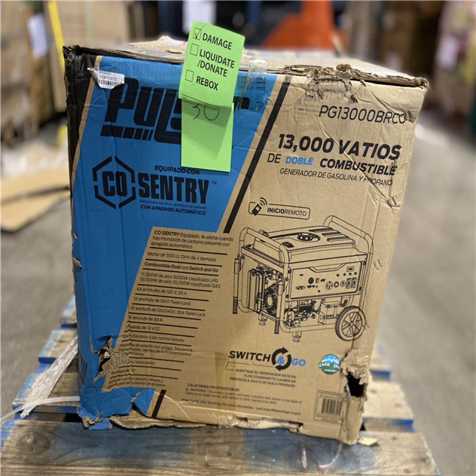 DALLAS LOCATION - Pulsar 13,000/10,000 -Watt Dual-Fuel Gasoline and Propane with Push to Start Portable Home Power Generator, CO Shutoff