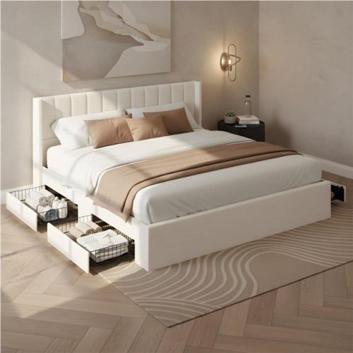 Phoenix NEW CHRISTOPHER KNIGHT HOME Elias Beige Storage Upholstered Bed Wood Frame King Size Platform Bed with Vertical Striped Headboard, 4 Drawers