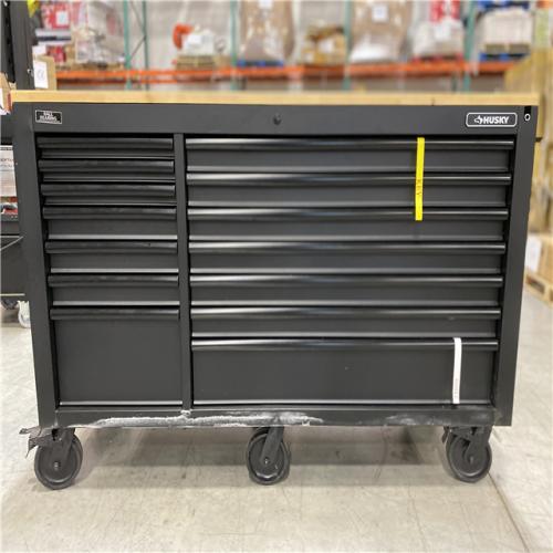 DALLAS LOCATION - Husky Tool Storage 62 in. W Heavy Duty Matte Black Mobile Workbench Cabinet with Adjustable Height Wood