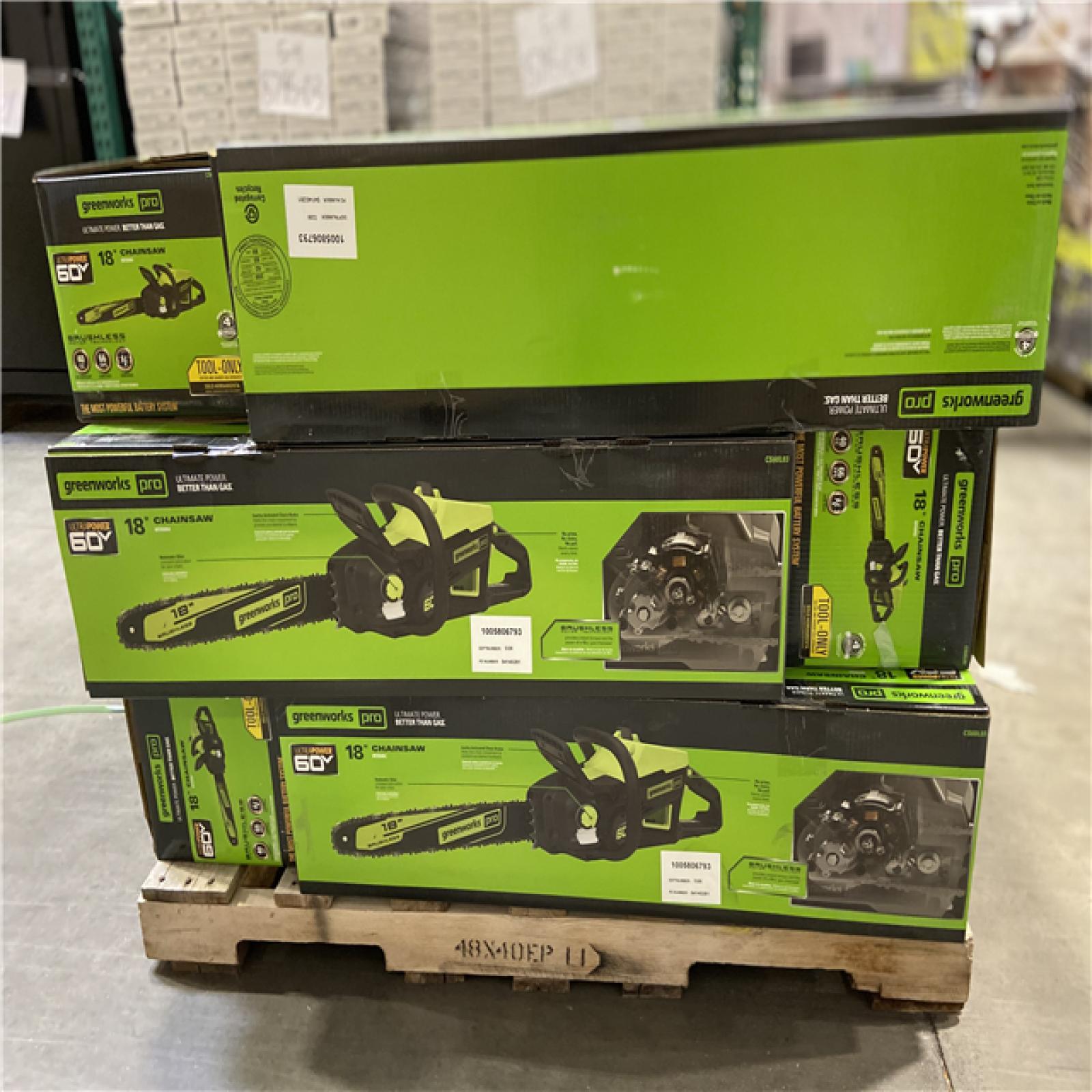 DALLAS LOCATION - Greenworks Pro Bare Tool 60-Volt Max Lithium Ion 18-Inch GEN2 Brushless Cordless Electric Chainsaw; Battery and Charger Not Included 15 (UNITS)