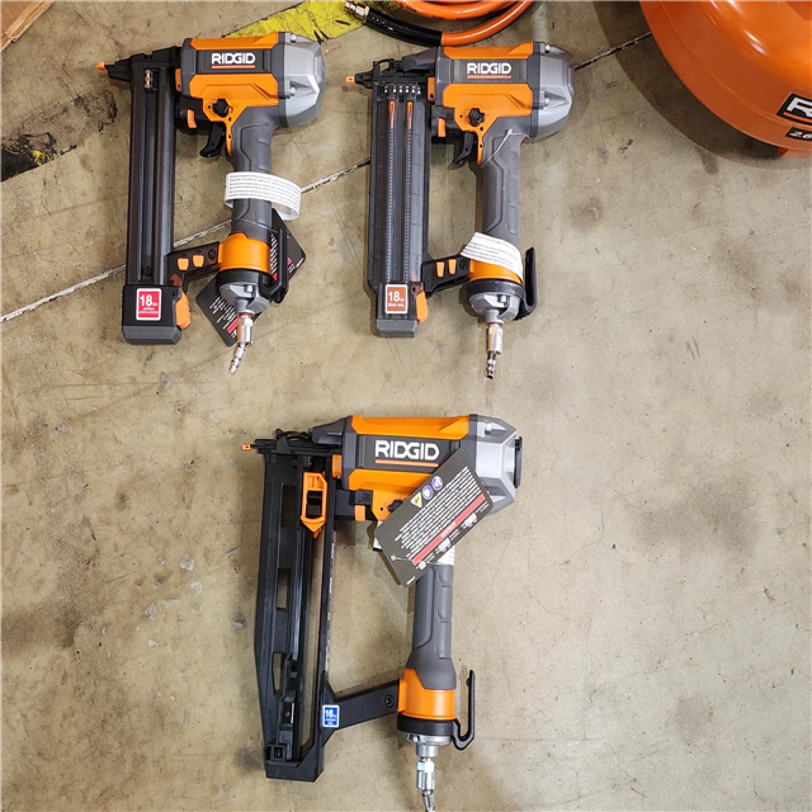 HOUSTON LOCATION - AS-IS (APPEARS LIKE NEW) RIGID 6 Gal. 150 PSI Electric Air Compressor with 25 Ft. Hose  18GA Brad Nailer  16GA Finish Nailer and 18GA Finish Stapler