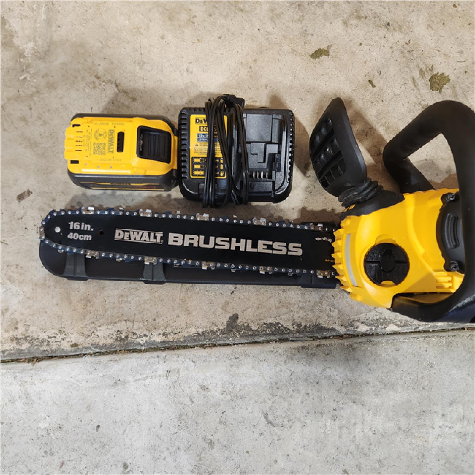 Houston location- AS-IS DEWALT 60V MAX 16in. Brushless Battery Powered Chainsaw Kit with (1) FLEXVOLT 2Ah Battery & Charger