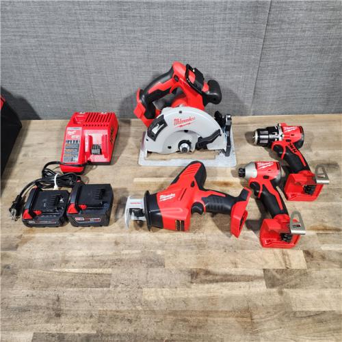 HOUSTON LOCATION - AS-IS Milwaukee M18 18-Volt Lithium-Ion Brushless Cordless Combo Kit (4-Tool) with 2-Batteries  1-Charger and Tool Bag