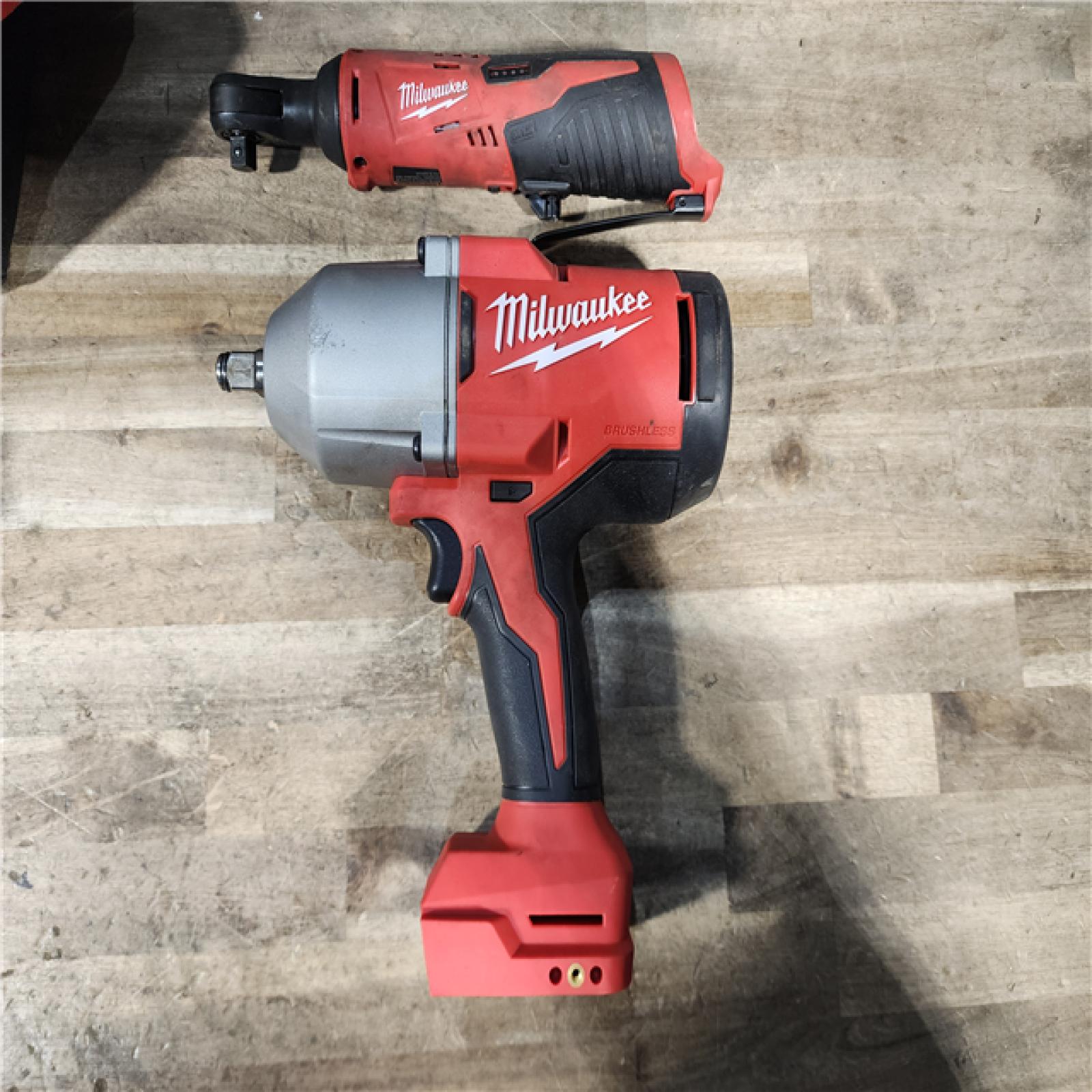 HOUSTON LOCATION - AS-IS Milwaukee 12/18V Lithium-Ion Cordless 3/8 in. Ratchet and 1/2 in. High Torque Impact Wrench with Friction Ring Combo Kit
