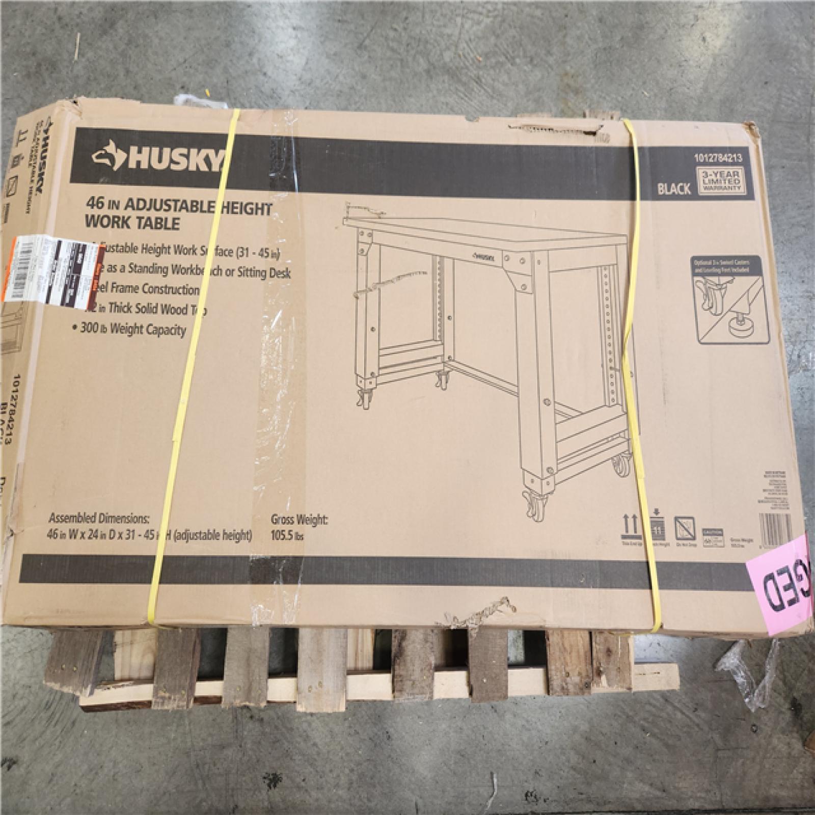 Phoenix NEW Husky 46 in. W x 24 in. Deep Adjustable Height Work Table with Solid Wood Top  Gloss Black