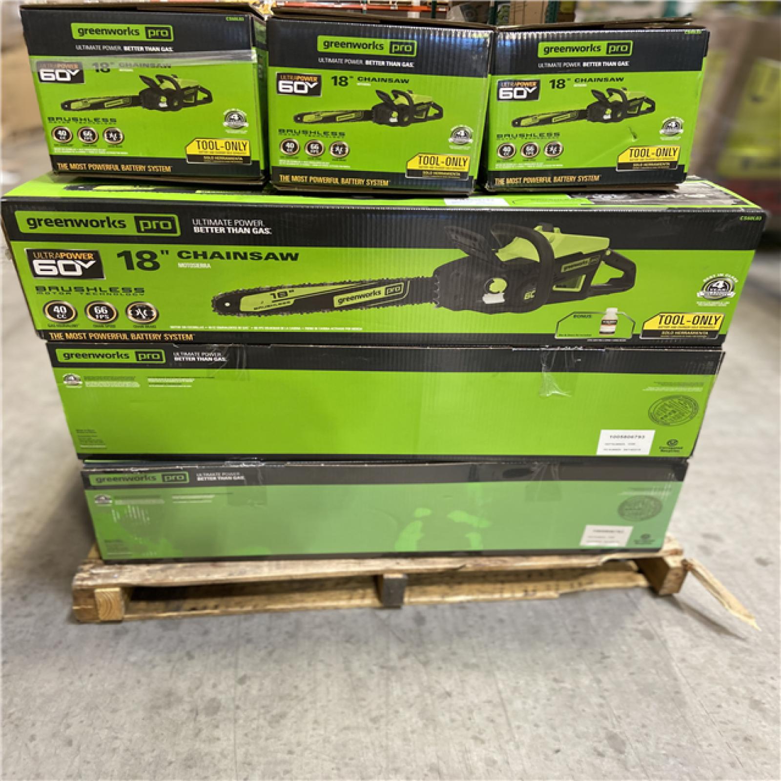 DALLAS LOCATION - Greenworks Pro Bare Tool 60-Volt Max Lithium Ion 18-Inch GEN2 Brushless Cordless Electric Chainsaw; Battery and Charger Not Included 15 (UNITS)