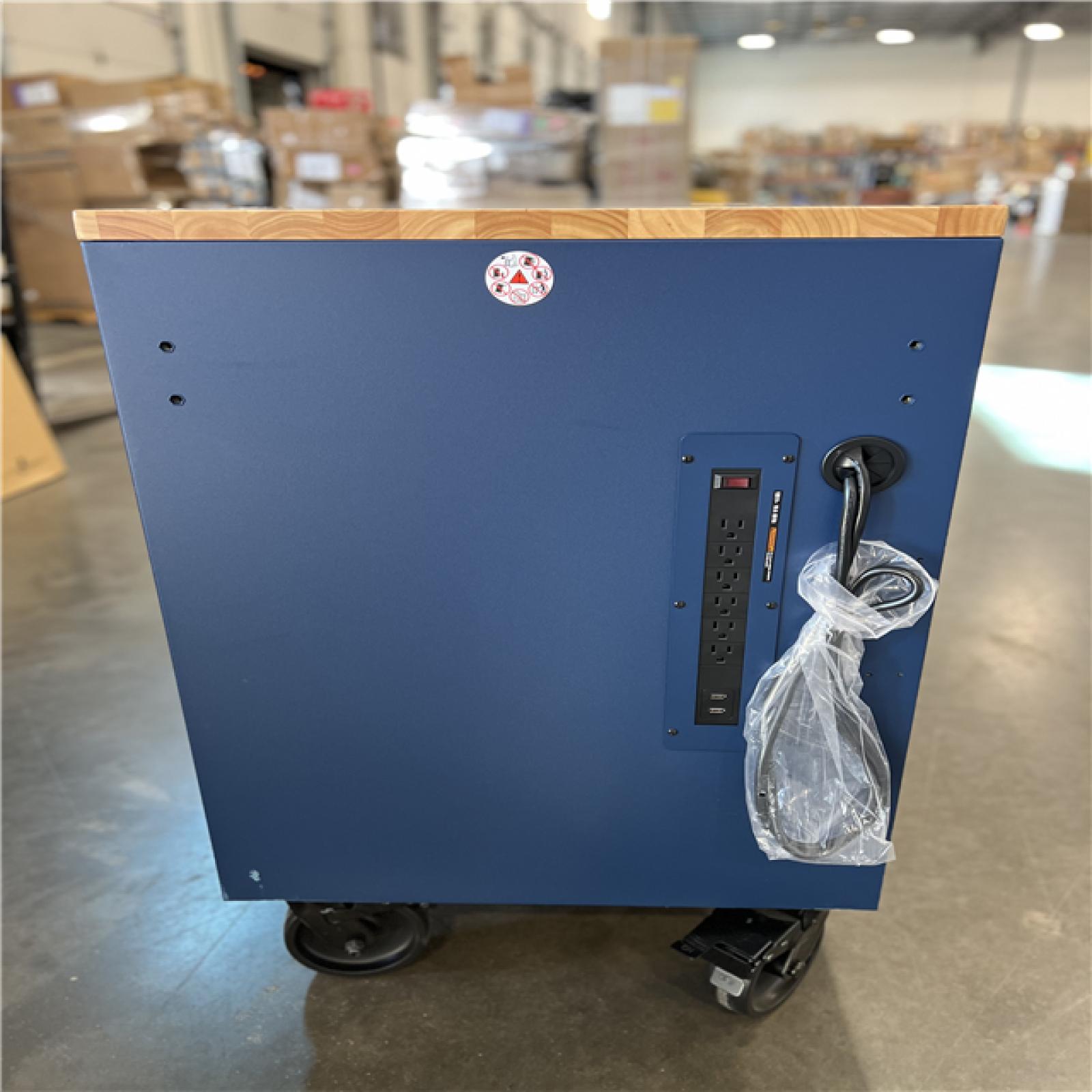 DALLAS LOCATION- Husky 72 in. W x 24 in. D Heavy Duty 18-Drawer Adjustable Height Mobile Workbench with Solid Wood Top in Matte Blue