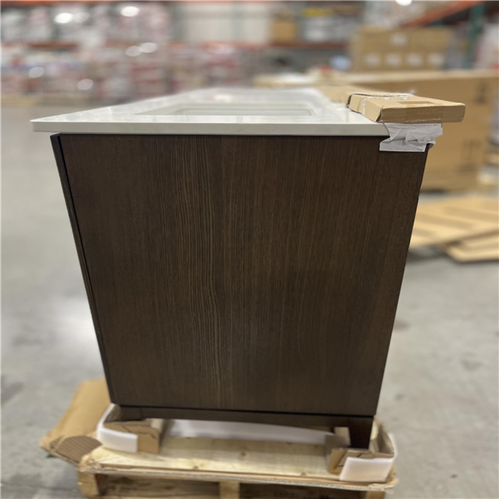 DALLAS LOCATION - Home Decorators Collection Sellan 61 in. Double Sink Dark Walnut Bath Vanity with Calacatta White Quartz Top (Assembled)