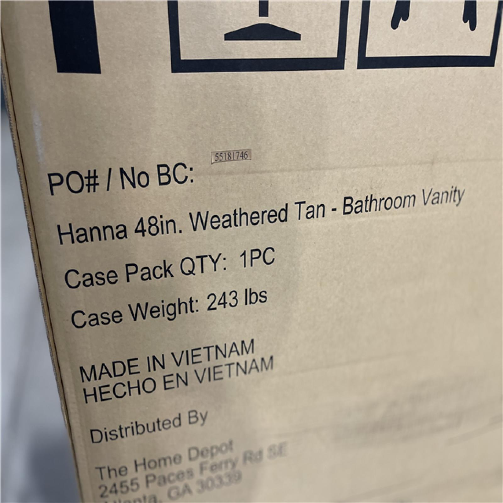 DALLAS LOCATION - Home Decorators Collection Hanna 48 in. Single Sink Weathered Tan Bath Vanity with White Engineered Stone Top (Assembled)