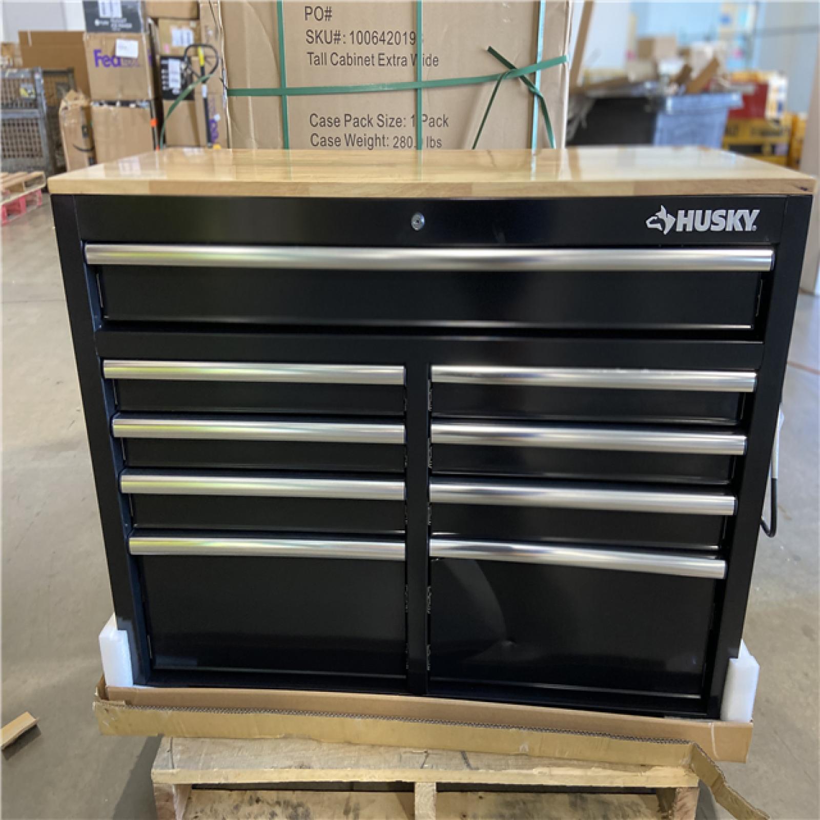 DALLAS LOCATION - Husky Tool Storage 46 in. W x 18 in. D 9-Drawer Mobile Workbench Cabinet in Gloss Black
