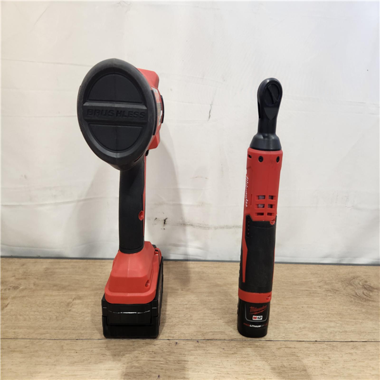 AS-IS- Milwaukee 12/18V Lithium-Ion Cordless 3/8 in. Ratchet and 1/2 in. High Torque Impact Wrench with Friction Ring Combo Kit
