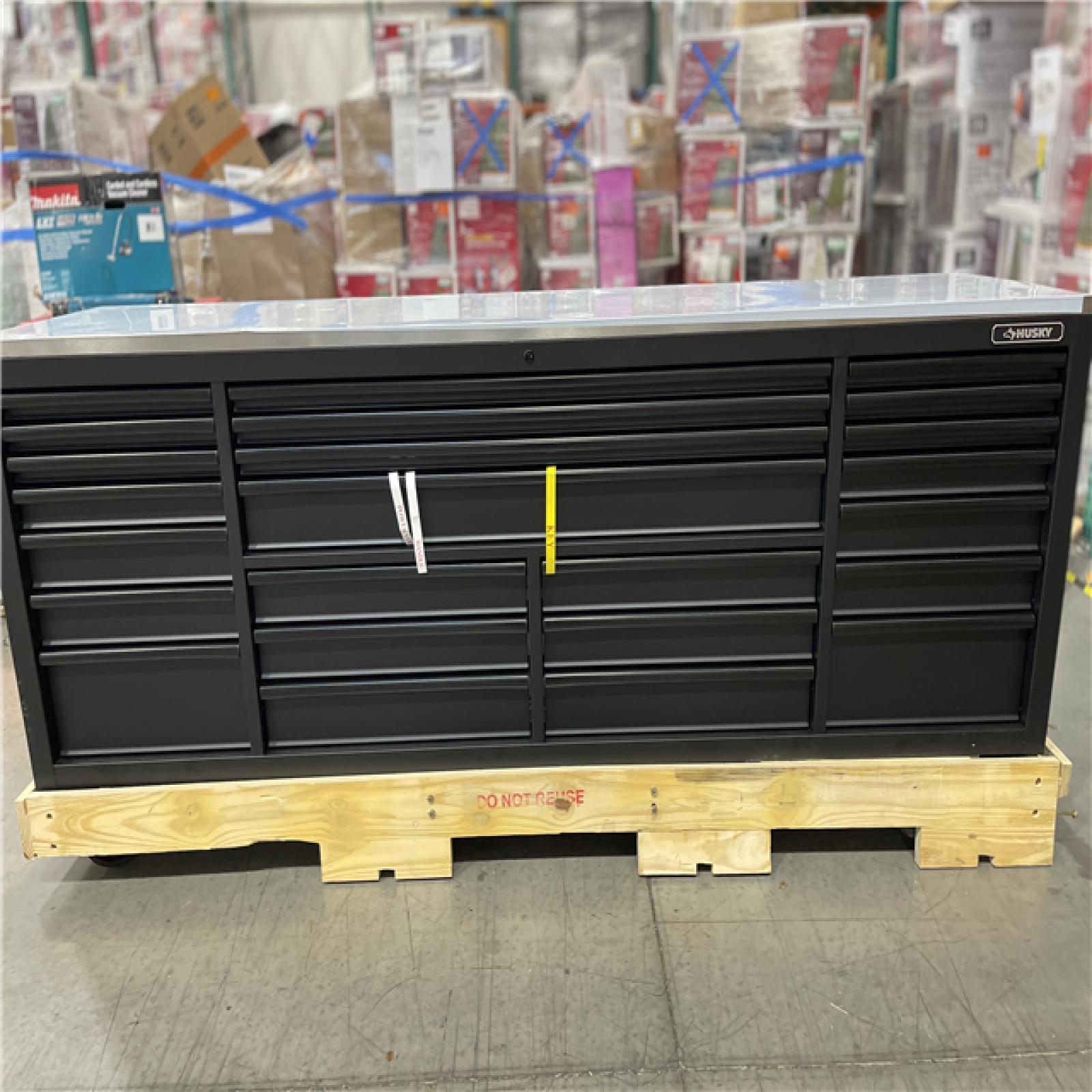 DALLAS LOCATION- AS-IS Husky Tool Storage Heavy Duty 96 in. W x 24 in. D Matte Black Mobile Workbench Cabinet with Stainless Steel Top