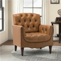 Phoenix NEW JAYDEN CREATION Elijah 32 in. Traditional Camel Button-Tufted Genuine Leather Arm Chair with Solid Wood Legs