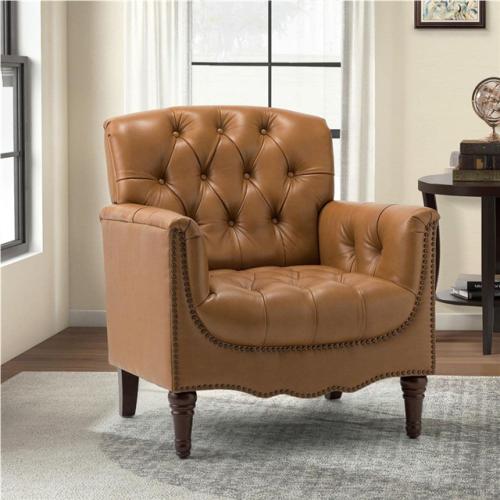 Phoenix NEW JAYDEN CREATION Elijah 32 in. Traditional Camel Button-Tufted Genuine Leather Arm Chair with Solid Wood Legs