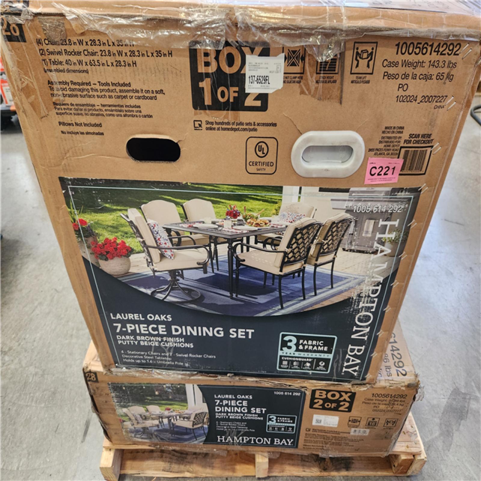 Phoenix Hampton Bay Laurel Oaks Dark Brown 7-Piece Metal Outdoor Dining Set with Cushion Guard Putty Cushions