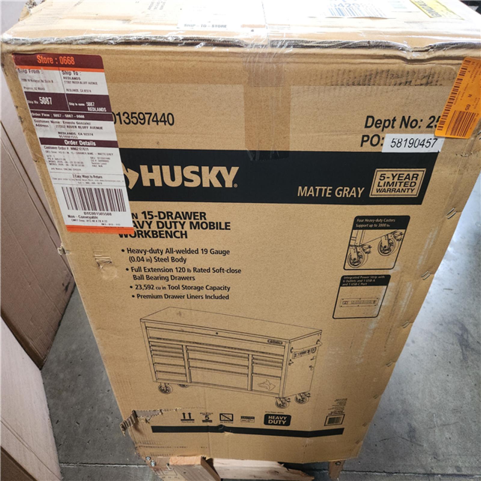 Phoenix NEW Husky Heavy Duty 61 in. W x 22 in. D 15-Drawer Matte Gray Mobile Workbench Cabinet with Solid Wood Top