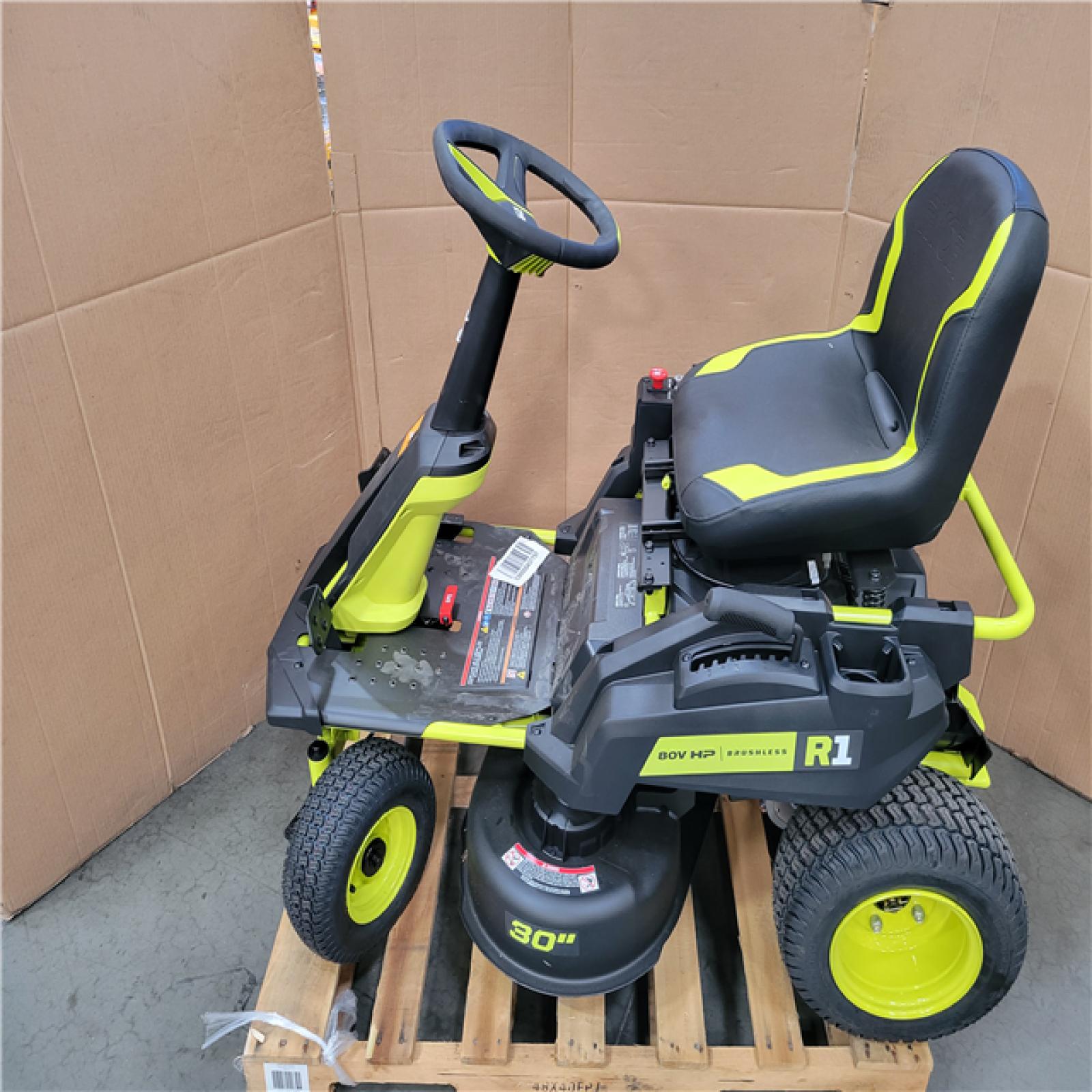 CALIFORNIA APPEARS NEW RYOBI R1 80V BRUSHLESS LITHIUM BATTERY CORDLESS ELECTEIC RIDING LAWN MOWER W CHARGER