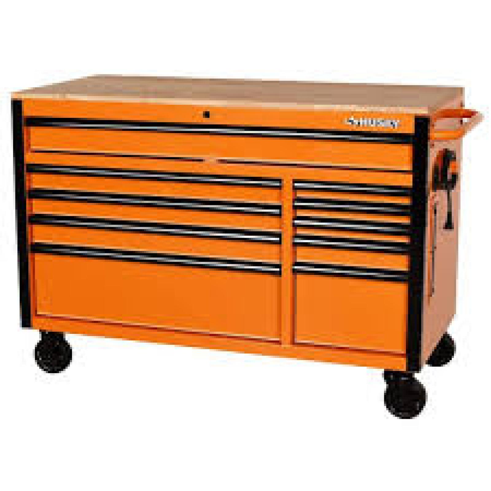 52 in. W x 24.5 in. D Standard Duty 10-Drawer Mobile Workbench Tool Chest with Solid Wood Work Top in Gloss Orange 52 in. W x 24.5 in. D Standard Duty 10-Drawer Mobile Workbench Tool Chest with Solid Wood Work Top in Gloss Orange