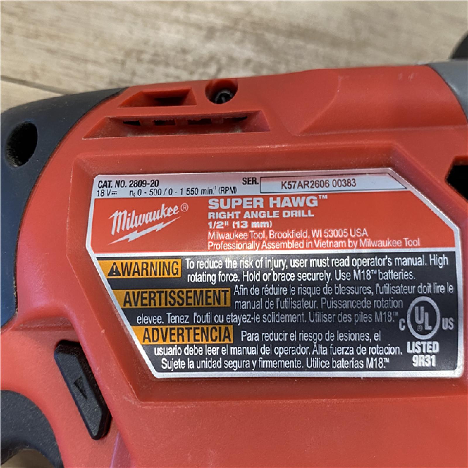 AS-IS Milwaukee FUEL 18V Lithium-Ion Brushless Cordless GEN 2 SUPER HAWG 1/2 in. Right Angle Drill (Tool-Only)