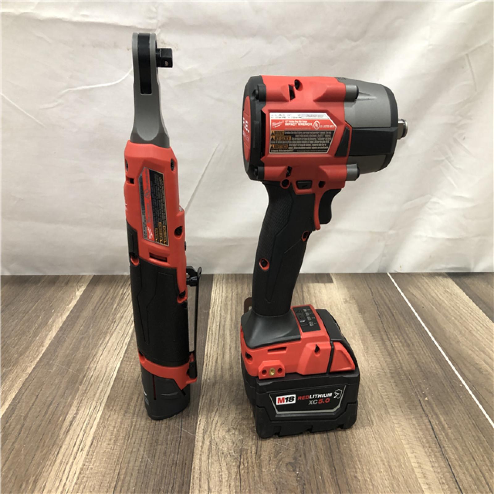 AS-IS Milwaukee FUEL 18V Cordless Mid Torque 1/2 in. Impact Wrench w/ M12 FUEL 3/8 in. Ratchet & Battery/Charger Combo Kit