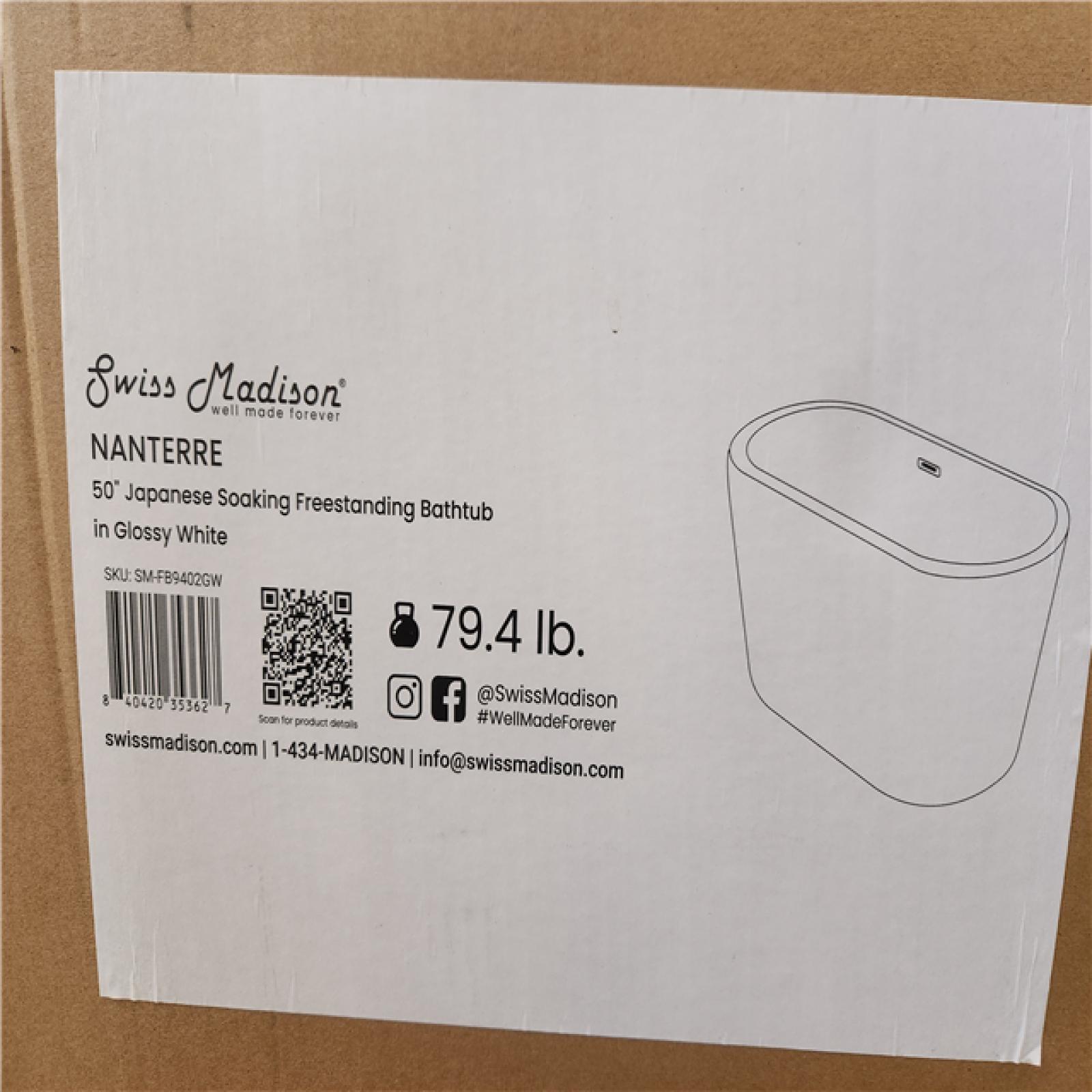 Phoenix NEW Swiss Madison Nanterre 51 in. x 26 in. Japanese Soaking Freestanding Bathtub in Glossy White