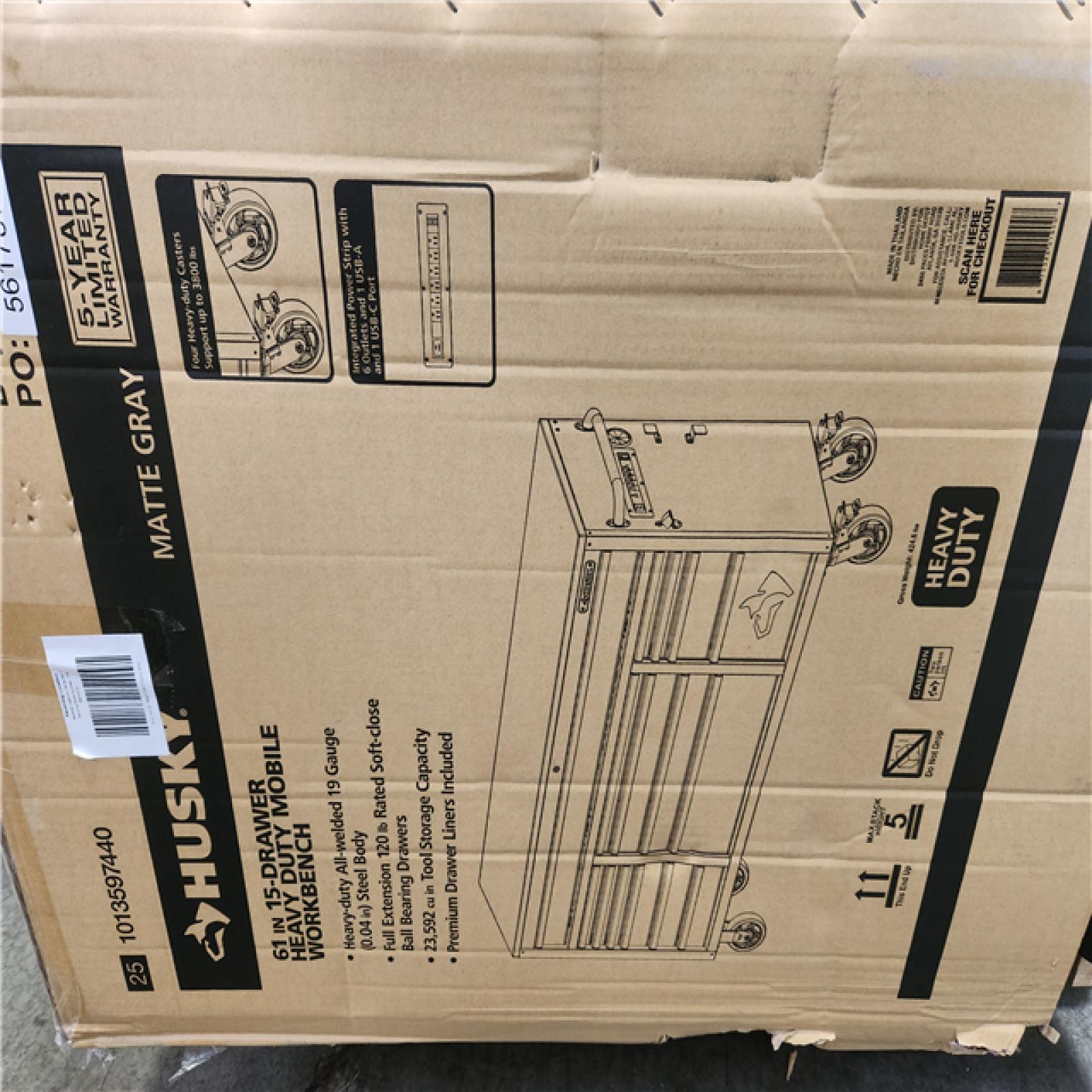 Phoenix NEW Husky Heavy Duty 61 in. W x 23 in. D 15-Drawer Matte Gray Mobile Workbench Cabinet with Solid Wood Top (SEALED)