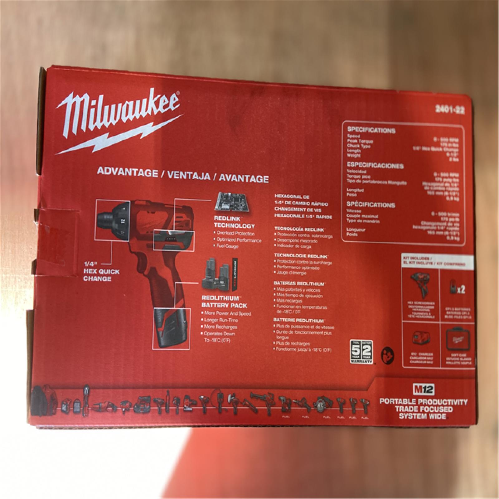 NEW! - Milwaukee M12 12V Lithium-Ion Cordless 1/4 in. Hex Screwdriver Kit with Two 1.5Ah Batteries  Charger and Tool Bag - 6 UNITS