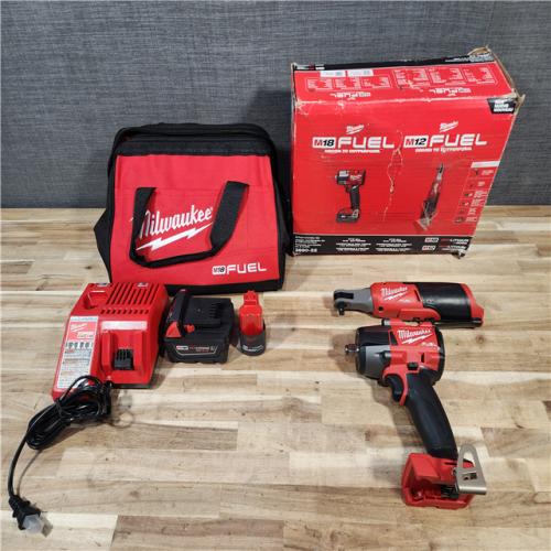 HOUSTON LOCATION - AS-IS Milwaukee FUEL 18V Cordless Mid Torque 1/2 in. Impact Wrench w/ M12 FUEL 3/8 in. Ratchet & Battery/Charger Combo Kit