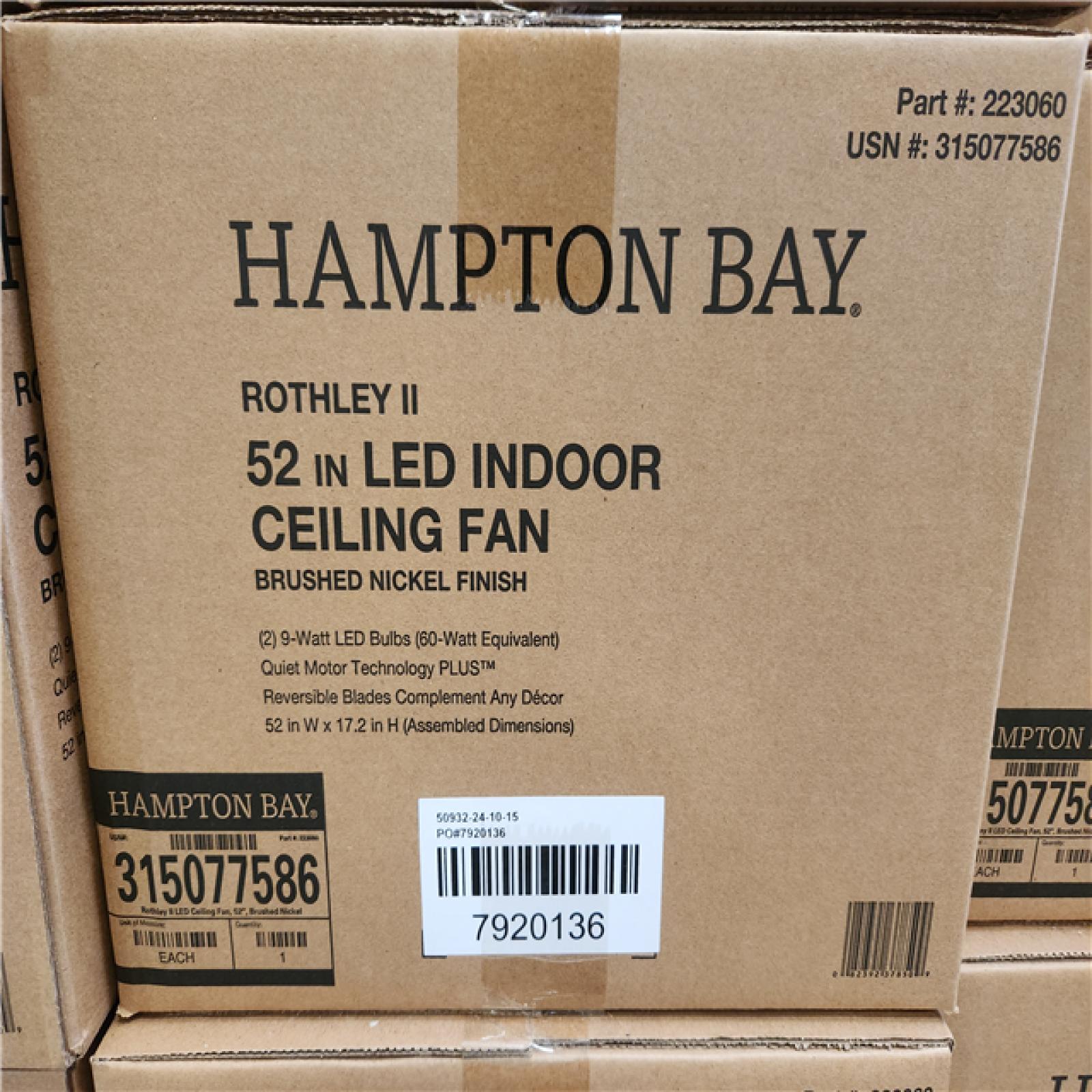 Phoenix NEW Hampton Bay Rothley II 52 in. Indoor LED Bronze Ceiling Fan with Light Kit  Downrod  Reversible Motor and Reversible Blades Pallet 24 Count (SEALED)