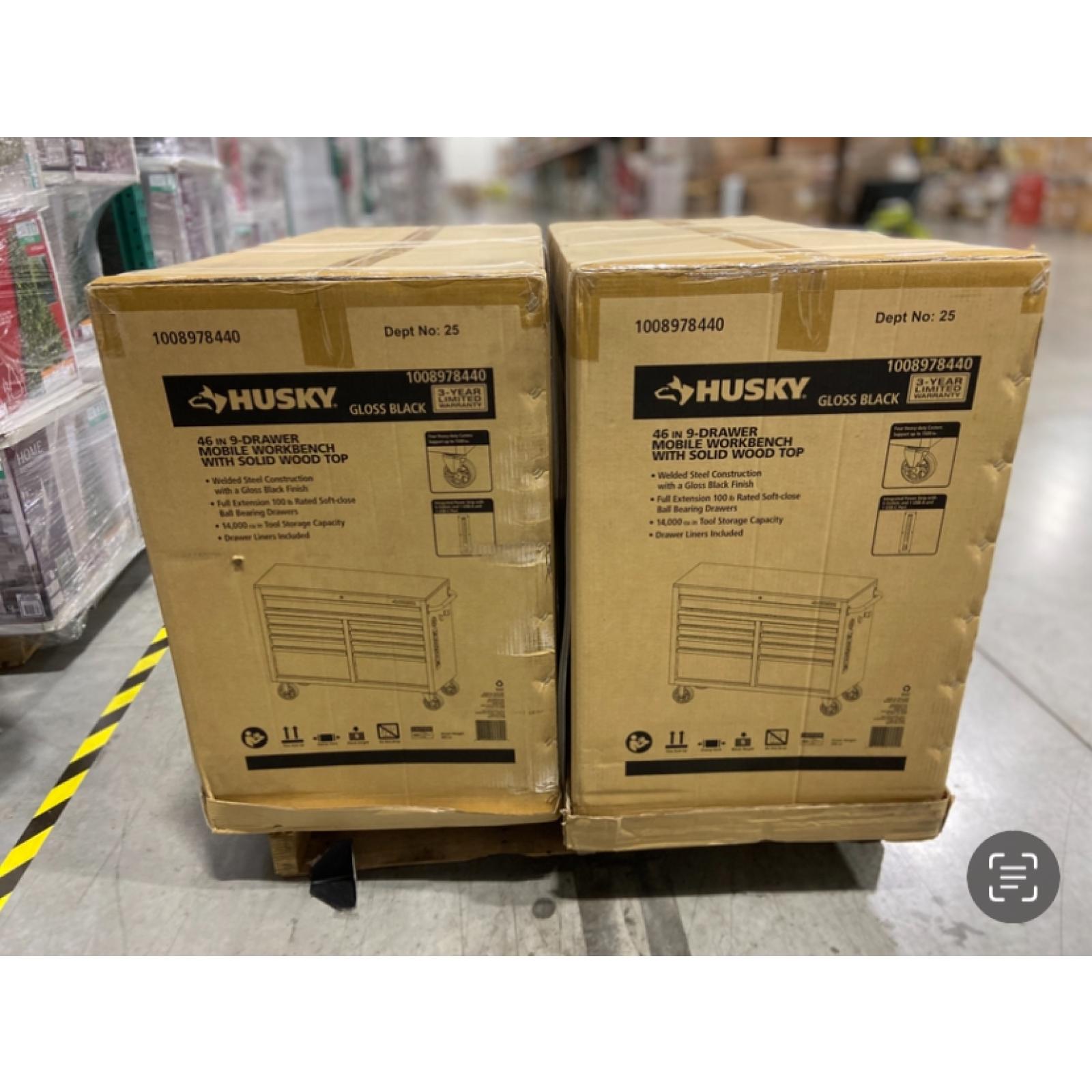 DALLAS LOCATION - Husky Tool Storage 46 in. W x 18 in. D 9-Drawer Mobile Workbench Cabinet in Gloss Black - 2 UNITS