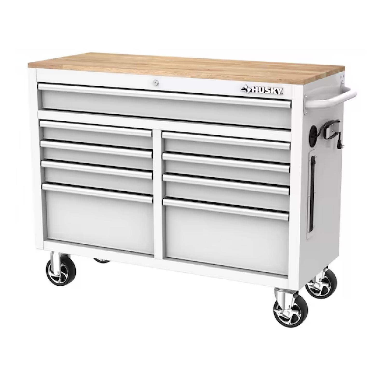 DALLAS LOCATION- NEW!- HUSKY 46 IN. W x 18.IN D 9-Drawer GLOSS WHITE MOBILE WORKBENCH