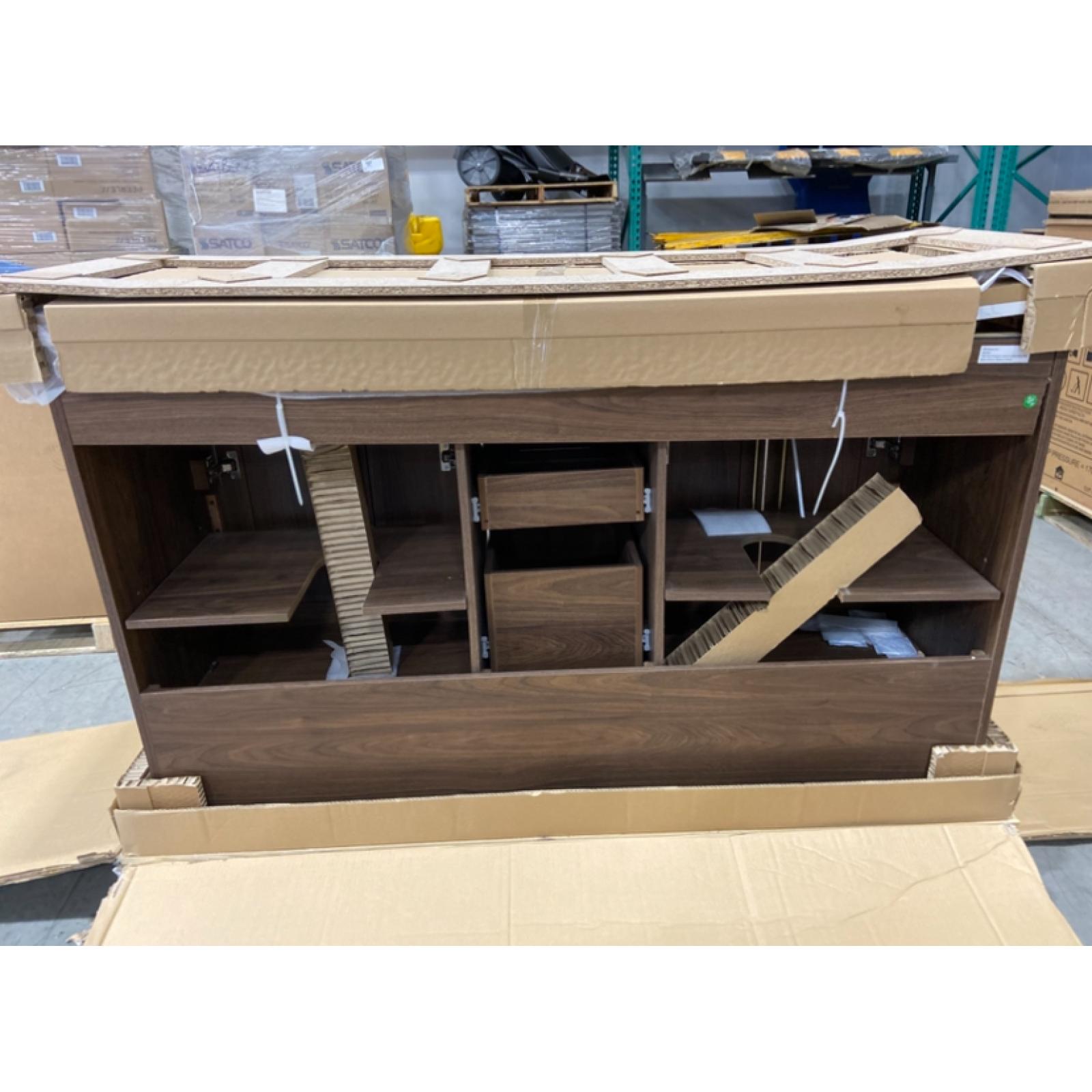 DALLAS LOCATION - Home Decorators Collection Doveton 60 in. Double Sink Dark Walnut Bath Vanity with White Engineered Marble Top (Assembled)