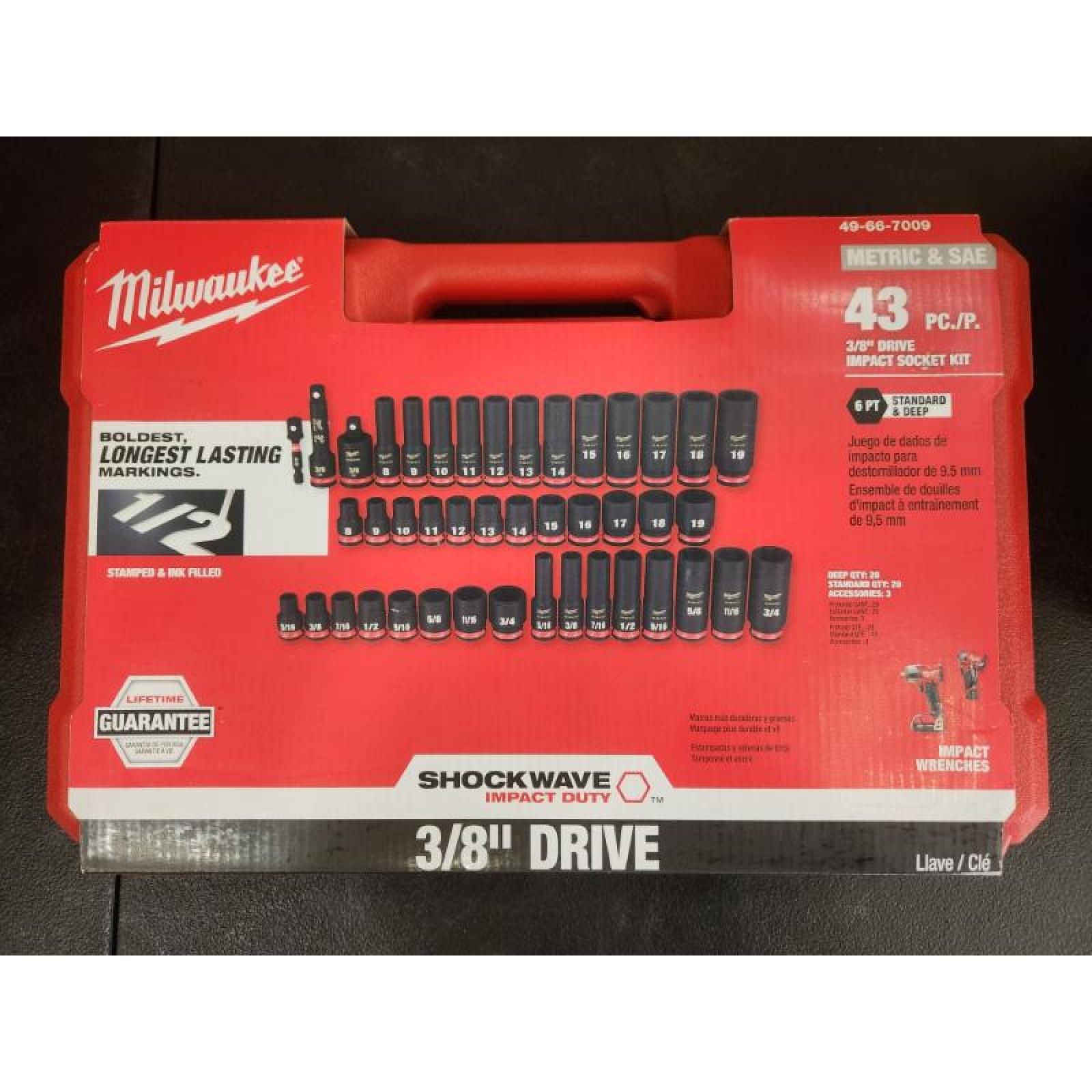 Phoenix NEW Milwaukee SHOCKWAVE 3/8 in. Drive SAE and Metric 6 Point Impact Socket Set (43-Piece) (SEALED)